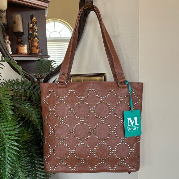Brand New Montana West Select Genuine Leather Brown Studded Concealed Carry Tote - Picture 1 of 14